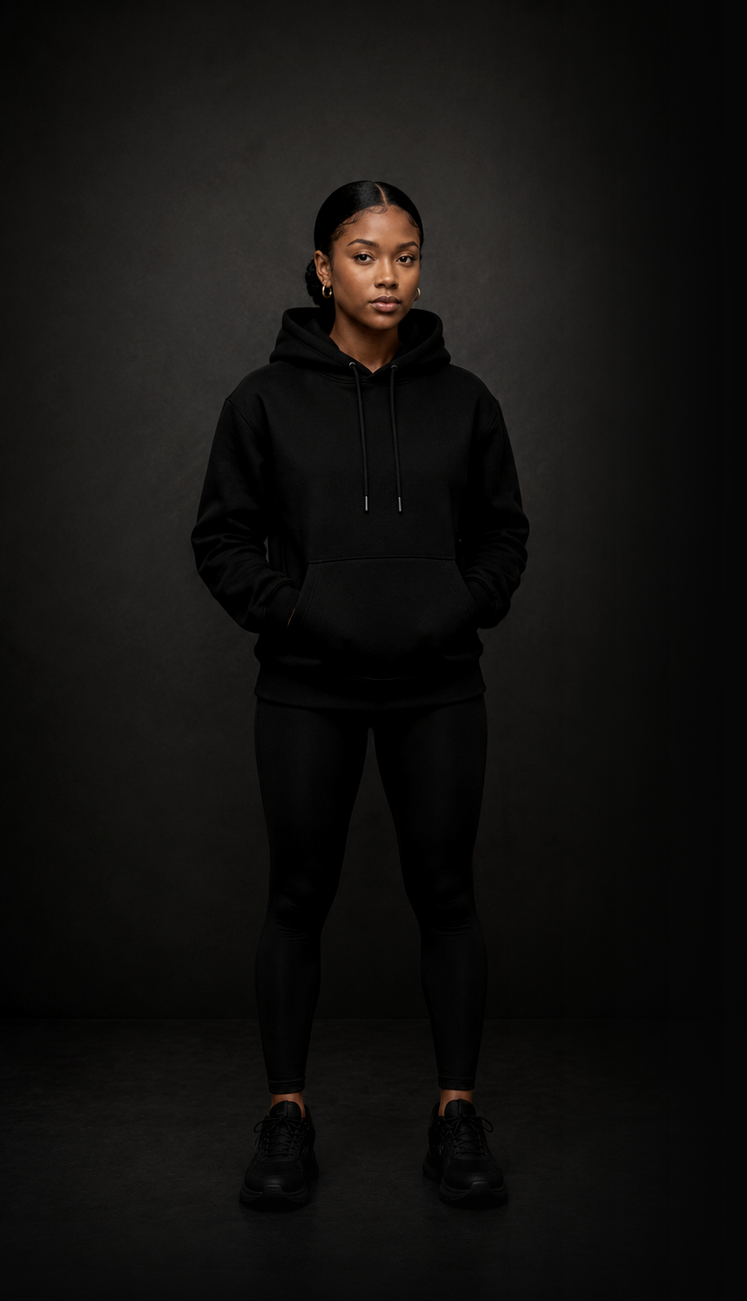 Kim, iChallengei Showcase Model, wearing the black Conquer Hoodie with black leggings and plain black sneakers